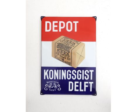 Koningsgist, Delft An enamelled metal advertisement sign, the production attributed to Langcat, Bussum, first half 20th centu