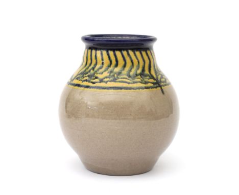 Potterie Kennemerland, Velsen A ceramic vase, the top decorated with linear pattern in blue and yellow, signed underneath wit