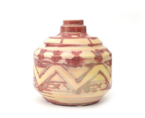Mobach, Utrecht A stepped cylindrical ceramic vase decorated with red lustre glazed lines, on cream ground, signed underneath
