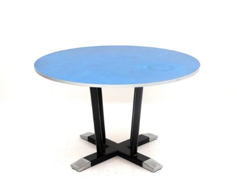 Christoffel Hoffmann (1893-1985) A circular dining table with black lacquered metal and nickle-plated base and blue linoleum 