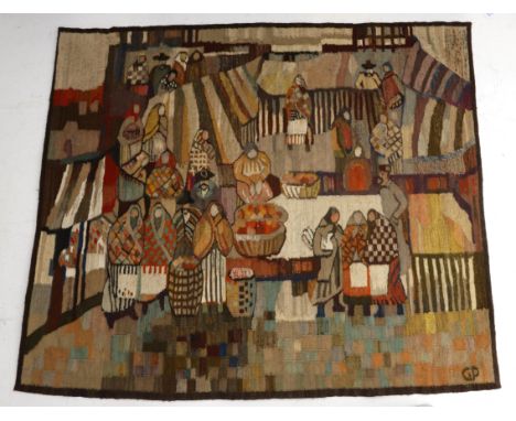 Piotr Grabowski (1933) A handwoven wall tapestry decorated with a market scene, 1972, signed with woven monogram, with sown l