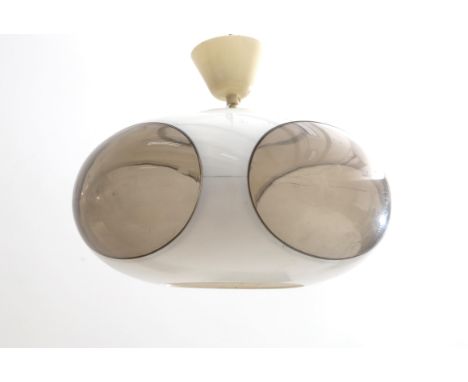 Massive (B) A white plastic ufo-shaped hanging lamp with oval smoke-coloured parts, designed 1960s, crack on top. These lamps