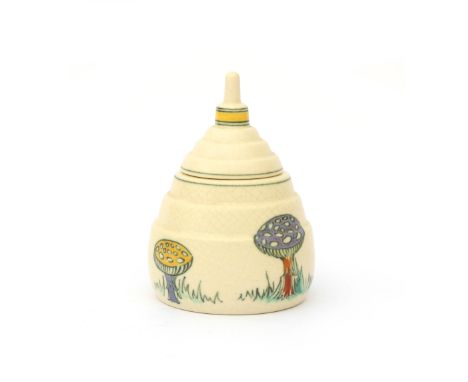 Plateelbakkerij Zuid Holland, Gouda A white ceramic lidded inkwell, decorated with mushrooms, the design attributed to L.J. M