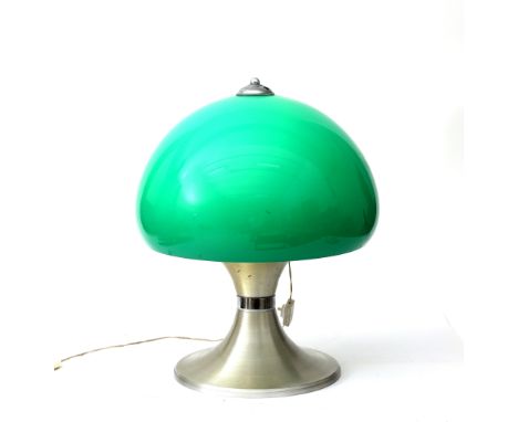 Space Age A table lamp, aluminium lampbase with green lucite shade, possibly Italian, 1970s. 52,5 cm. h.