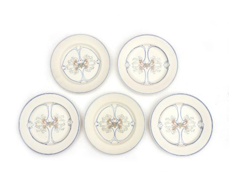 N.V. Arnhemsche Fayencefabriek Five matt white glazed ceramic dining plates with stylised linear pattern and insect, designed