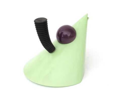 Erik Jan Kwakkel (1965) A ceramic tea pot, green glazed with purple glazed cover, with black plastic handle, 1990. Purchased 