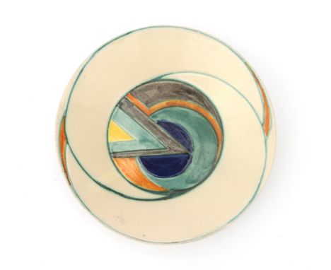 Potterie Kennemerland, Velsen A ceramic dish decorated with abstract pattern in green, orange, blue and yellow, on cream grou