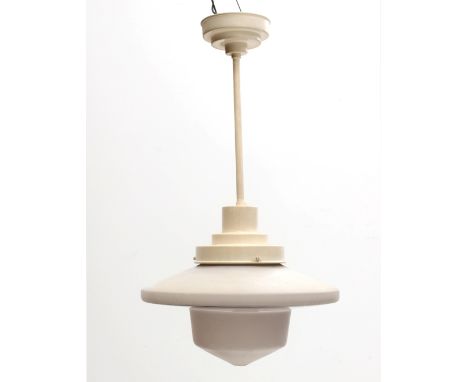 Nieuwe Zakelijkheid A hanging lamp with frosted and clear glass shade, the metal pendulum white relacquered, with stepped cei