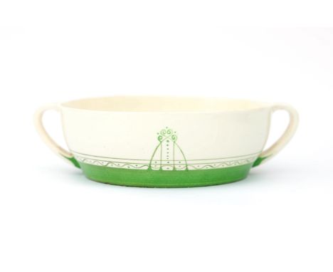 Jac. van den Bosch (1868-1948) A ceramic fruit-colander with two handles, green linear pattern on white ground, produced by  