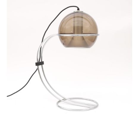 Raak, Amsterdam A chromium plated metal 'Globe' desk lamp with adjustable brown/smoke-coloured globular glass shade with alum