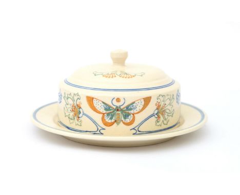 N.V. Arnhemsche Fayencefabriek A matt white glazed ceramic butter dish with stylised linear pattern and insect, designed by K