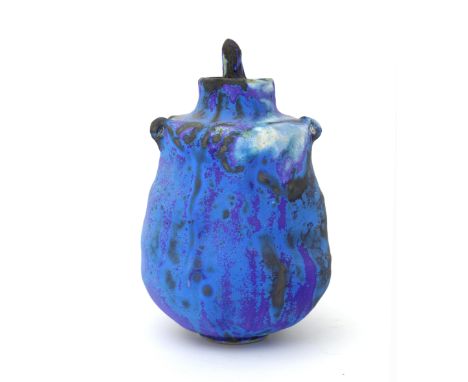 Ashley Howard (1963) A bright blue and purple glazed lidded ceramic pot, marked with monogram. Purchased at gallery Loes &amp