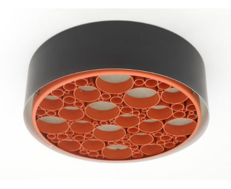 Raak, Amsterdam An 'Alliance' ceiling lamp, black and white lacquered metal with orange lacquered diffuser with ring-shapes, 