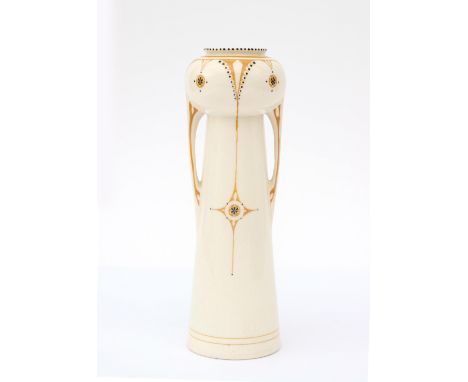 Amphora, Oegstgeest A white glazed ceramic vase with two handles, linear pattern in orange and black, in the style of C.J. va