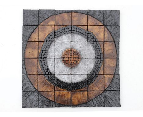 Seventies A square sculptural ceramic tile picture shaped as a stylised flower, unsigned. 46,5 x 46,5 cm.