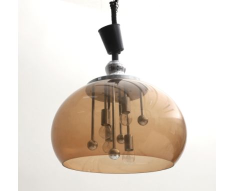 Space Age A brown plastic hanging lamp, adjustable in height, with chromium plated metal Sputnik fixture inside, 1970s. 38 cm