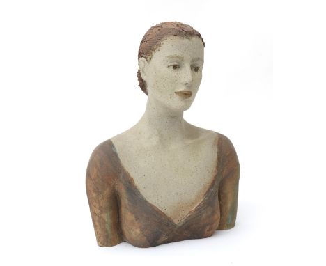 Mieke Oldenburg (1948) A ceramic bust of a young lady, marked with seal to back of her shoulder, monogrammed underneath and 1