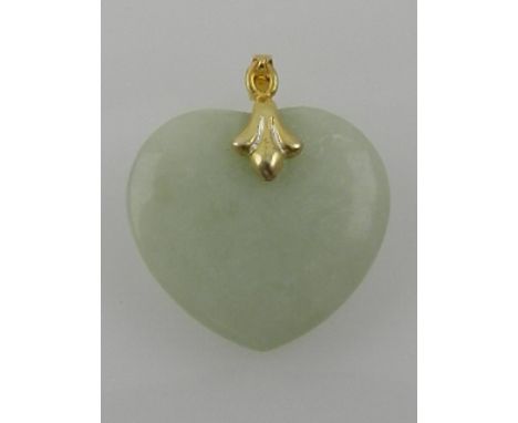 A light green jadeite heart with yellow metal suspension loop. 