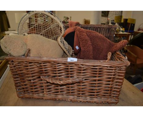 Wicker hamper and cuddly toys