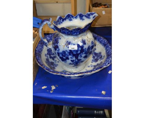 Blue and white wash basin and jug