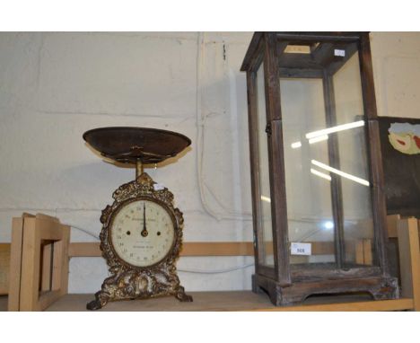 Free standing glass lantern and a pair of vintage household scales