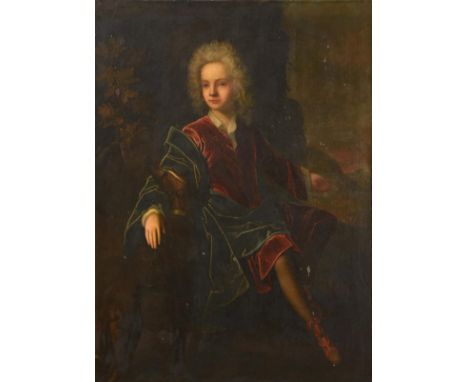 ~ Follower of Sir Peter Lely (1618-1680)  Portrait of William Waller, full length seated, wearing a powdered wig, red velvet 