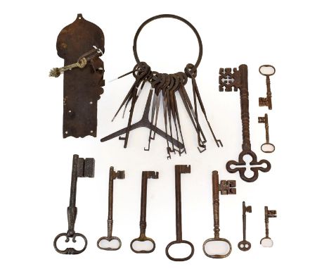 An Iron Lock, probably 17th century, the spring mechanism working on two bolts and with scroll engraved decoration, the plate