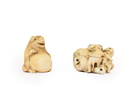 A Japanese Ivory Netsuke, Meiji period, as a seated animal with a large stomach, signed, 4cm high; and A Similar Netsuke, car