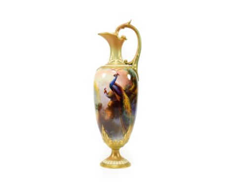^ A Royal Worcester Porcelain Ewer, by Charles White, 1907, of baluster form with leaf sheathed loop handle, painted with pea