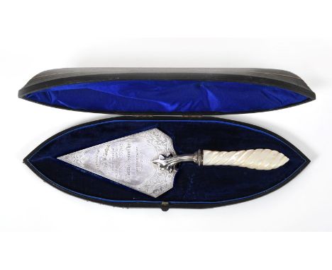 ~ A Victorian Silver and Mother-of-Pearl Trowel, by Hilliard and Thomason, Birmingham,  1876, the blade triangular and engrav