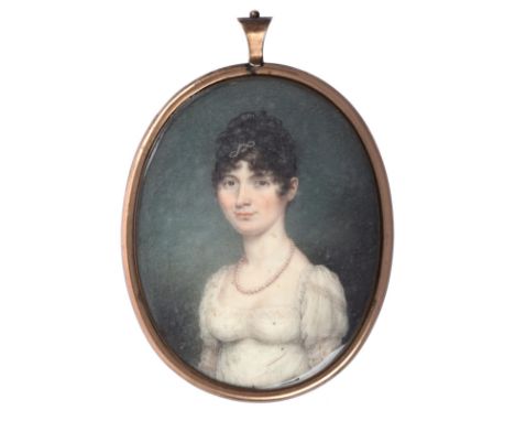 ~ Circle of Andrew Plimer (1763-1837) Portrait of Mrs Stone of Needwood House, half length Watercolour on ivory, 8.5cm by 6.5