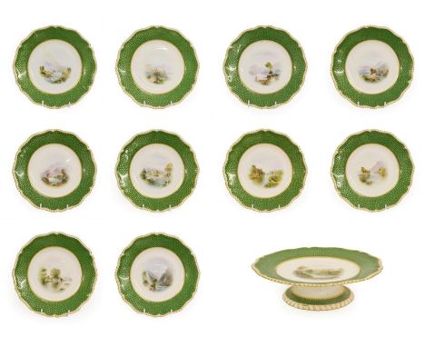 A Royal Worcester Porcelain Topographical Dessert Service, by Harry Davis, 1900, painted with named landscapes within a green