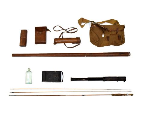 ~ A Split Cane Fishing Rod, contained in a leather case stamped HWLW, 136cm long overall; A Leather and Canvas Satchel; A Law