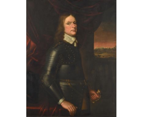 ~ Manner of Robert Walker (1599-1658) Portrait of a gentleman, three-quarter length, standing before a red curtain wearing ar