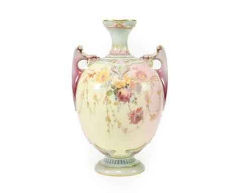 A Royal Worcester Porcelain Prismatic Enamels Vase, circa 1891, of ovoid form with twin scroll handles, painted with flowersp