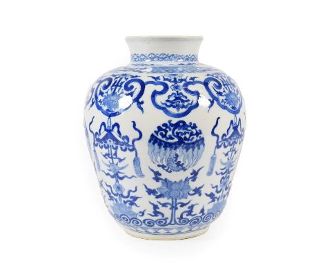 A Chinese Porcelain Jar, Kangxi reign mark and probably of the period, of ovoid baluster form with flared neck, painted in un