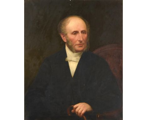 ~ British School (19th century) Portrait of a gentleman, half length, wearing a black jacket with white shirt and tie holding