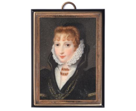 ~ Manner of Nicholas Hilliard (1547-1619) Portrait of a noblewoman, head and shoulders ,wearing a black dress embellished wit