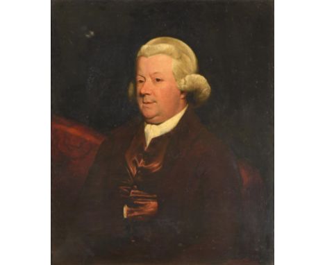 ~ Follower of Sir Joshua Reynolds PRA FRS FRSA (1723-1792)  Portrait of a gentleman, half length, wearing a white powdered wi