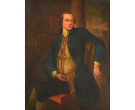 ~ Manner of Thomas Hudson (1701-1779) Portrait of a gentleman, seated, wearing a dark green frock coat and gold waistcoat bef