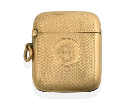 ~ An Edward VII Gold Vesta-Case, by Deakin and Francis Ltd., London, 1903, 9ct, oblong and with engine turned decoration, wit