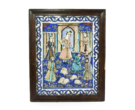 A Large Qajar Pottery Tile, circa 1880, moulded and painted with Sheikh Sana'an and the Christian Maiden in a garden with pig