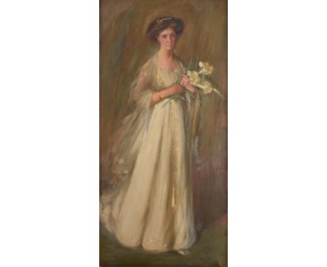 ~ James Peter Quinn (1869-1951) Australian Portrait of Alida Heathcote standing, full length, wearing an elegant white dress 