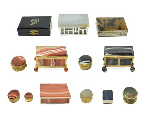 A White Metal Mounted Agate Cigarette Box and Cover, 20th century, of rectangular form, on four feet, 11cm wide; Two Gilt Met