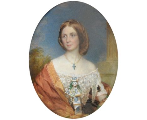 ~ British School (19th Century) Portrait of a lady half length, wearing strings of pearls to decorate her hair Watercolour, 8