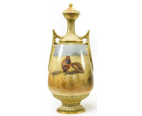 ^ A Royal Worcester Porcelain Vase and Cover, circa 1905, of baluster form with leaf sheathed angular handles, painted with p