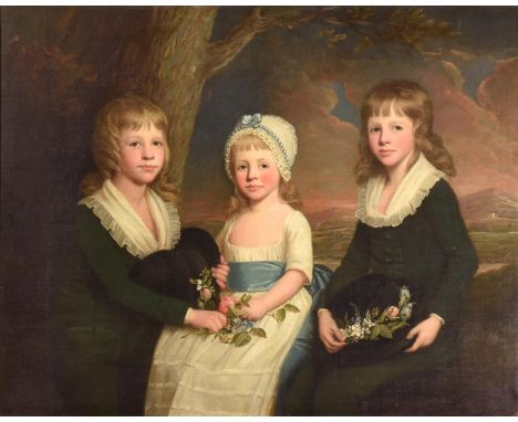 ~ Follower of George Romney (1734-1802)  Portrait of the three children of Sir John Heathcote of Langton Hall: Richard Heathc