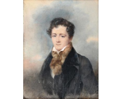 ~ Circle of George Richmond RA (1809-1896)  Portrait of a young man, half length, wearing a fur scarf and white shirt Waterco