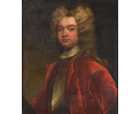 ~ Follower of Godfrey Kneller (1646-1723)  Portrait of Hardress Waller, head and shoulders, wearing a red powdered wig, red v