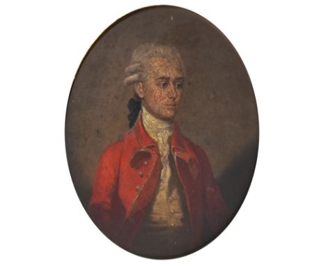 ~ Circle of Thomas Hickey (1741-1824)  Portrait of a gentleman, half length, wearing a white powdered wig and red jacket.  Po